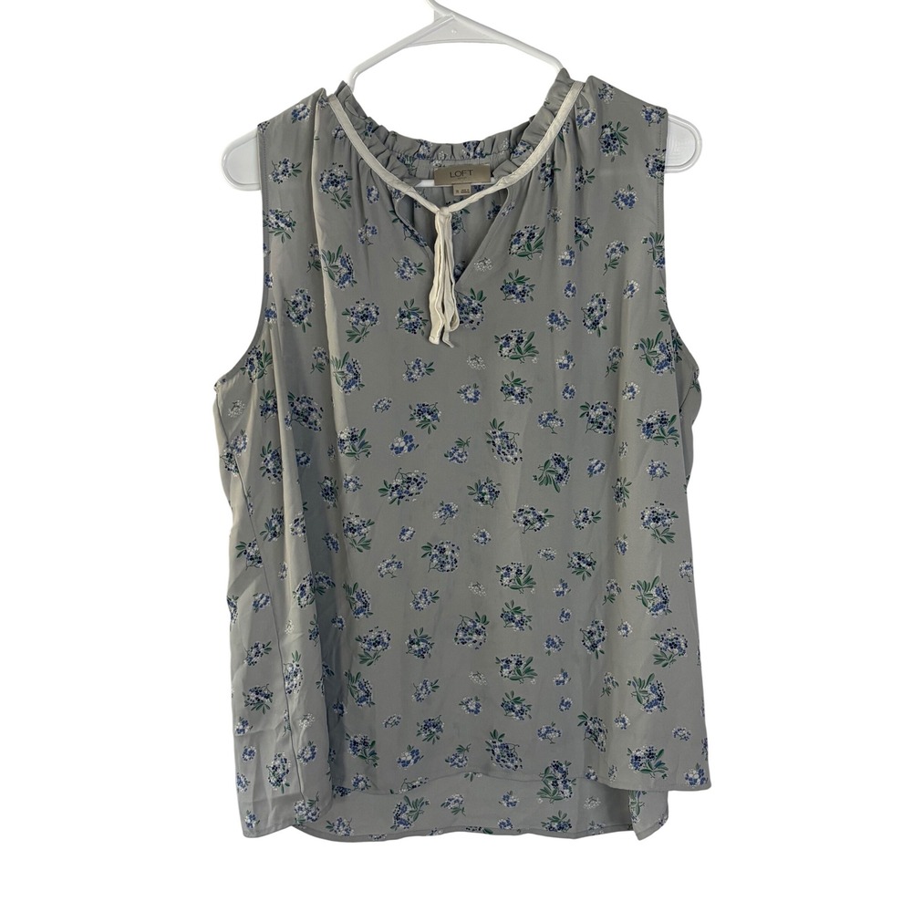 LOFT Outlet Floral Sleeveless Lightweight Blouse Gray Blue‎ Tie Ruffle Neck XL